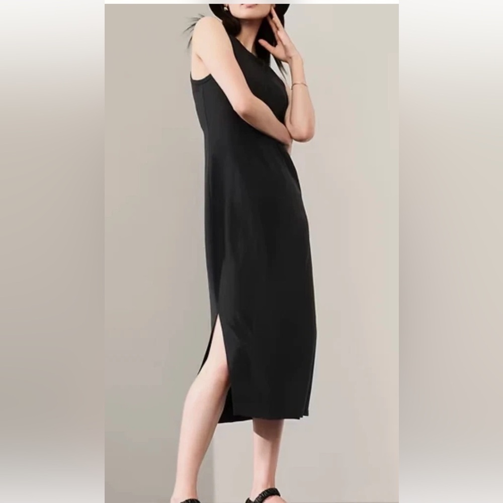 Athleta Essential Midi Dress Supima High Neck Sleeveless Neutral Black Womens L